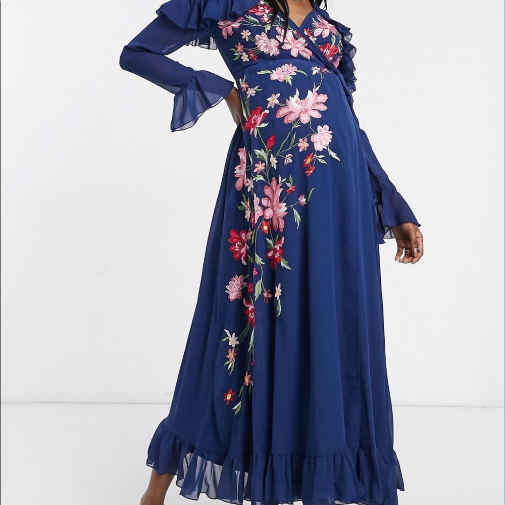 ASOS DESIGN Maternity embroidered wrap maxi dress with peplum hem